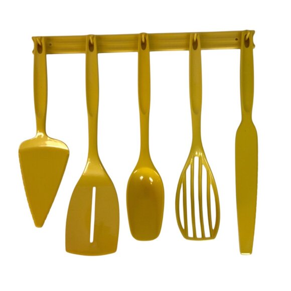 Vintage Foley 5-Piece Kitchen Utensil Set Harvest Gold Nylon With Wall Holder - Picture 1 of 4